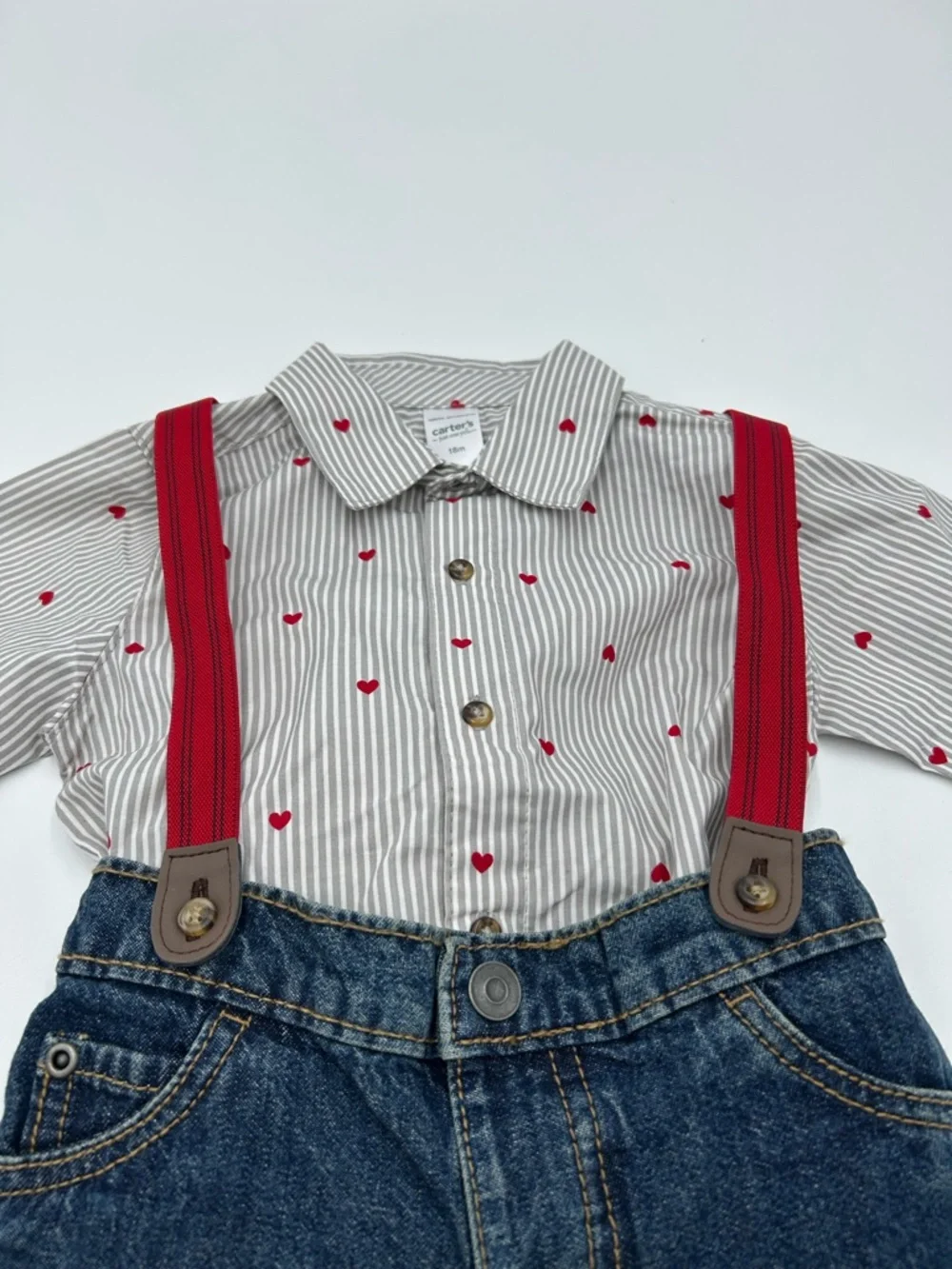 Carter's Gray & Red Striped Button-Up Shirt with Heart Print & Denim Jeans 18M